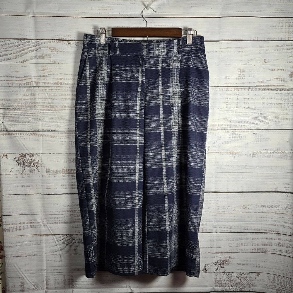 Mango Plaid Navy Womens Wideleg High-waist Capri Pants Size 6